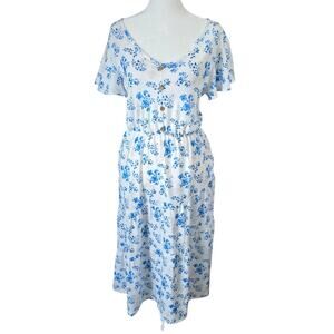 Blue White Floral Midi Dress Size M Button Front Cottagecore Prairie
